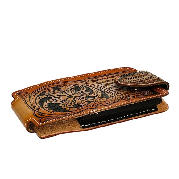 Western Leather Cell Phone holster brown - hand tooled,Funda de piel vaquera - Picture 3 of 4
